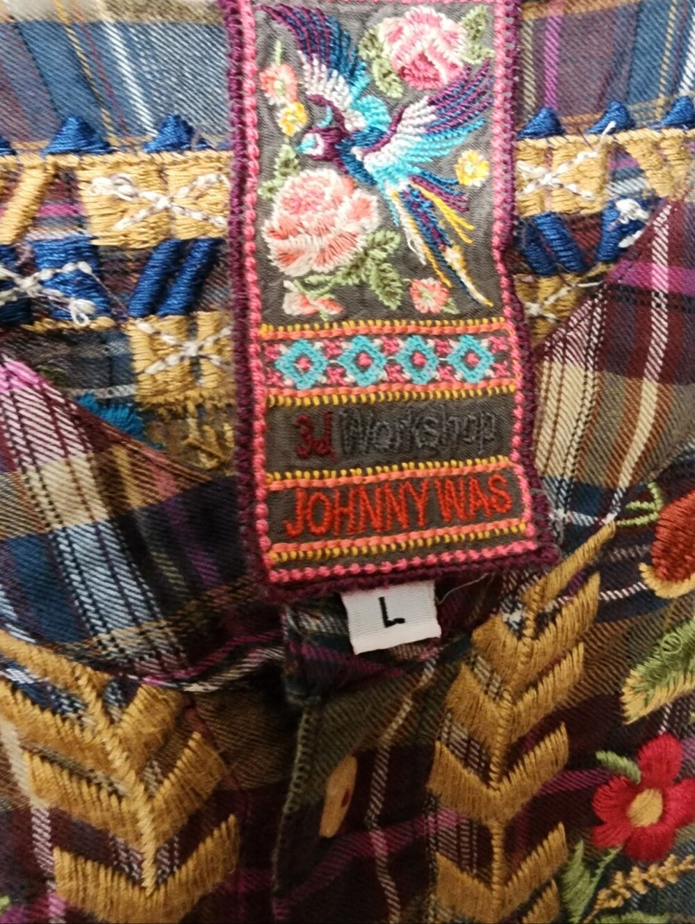 JOHNNY WAS Plaid Embroidered Boho Tunic Dress Sz L With Hidden Side Pockets - Picture 3 of 6